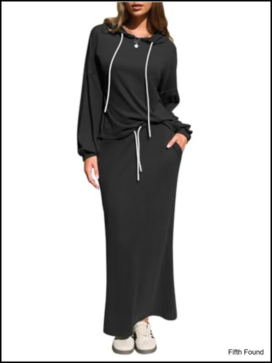Pants - Women's 2 Piece Hoodie and Long Skirt Set 92% Polyester 8% Spandex